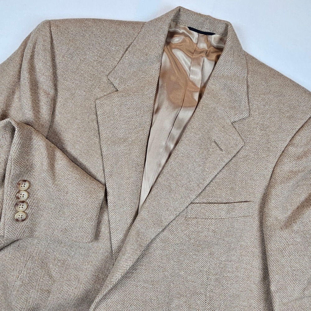 Vintage Polo Ralph Lauren Herringbone Blazer Mens 44L Tan Wool Sport Coat USA